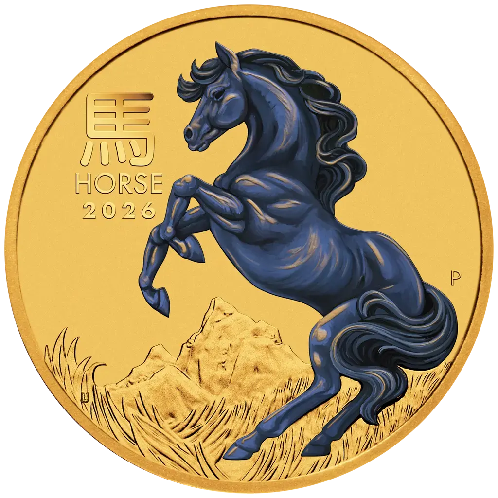 Lunar III Jahr des Pferdes Pferd 2026 1/10 oz Farbe Goldmünze PM**