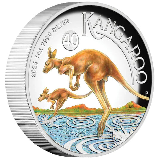 Australien Känguru 2026 - High Relief PP Farbe - 40 Jahre Jubiläum - Perth Mint - 1 oz Silbermünze