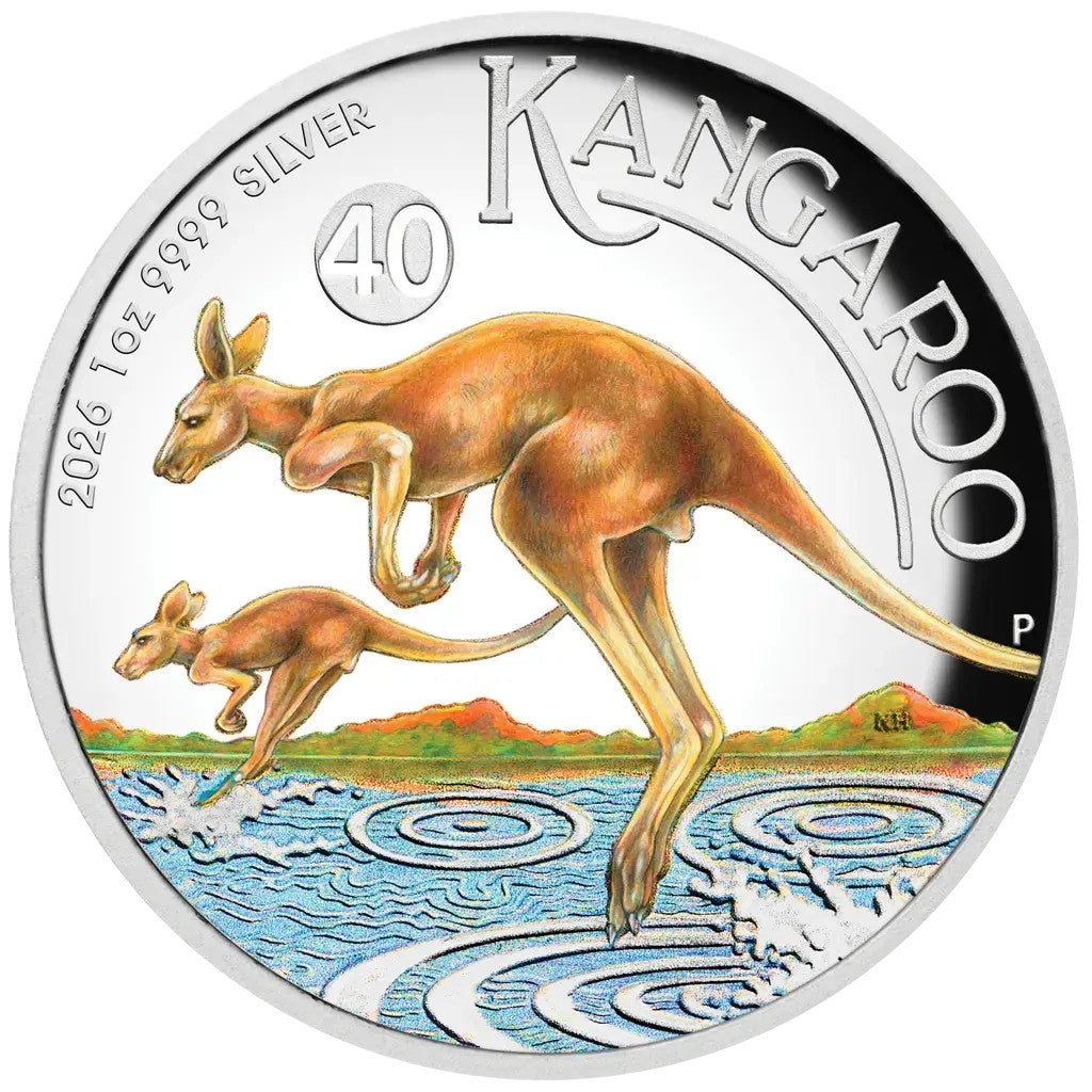 Australien Känguru 2026 - High Relief PP Farbe - 40 Jahre Jubiläum - Perth Mint - 1 oz Silbermünze