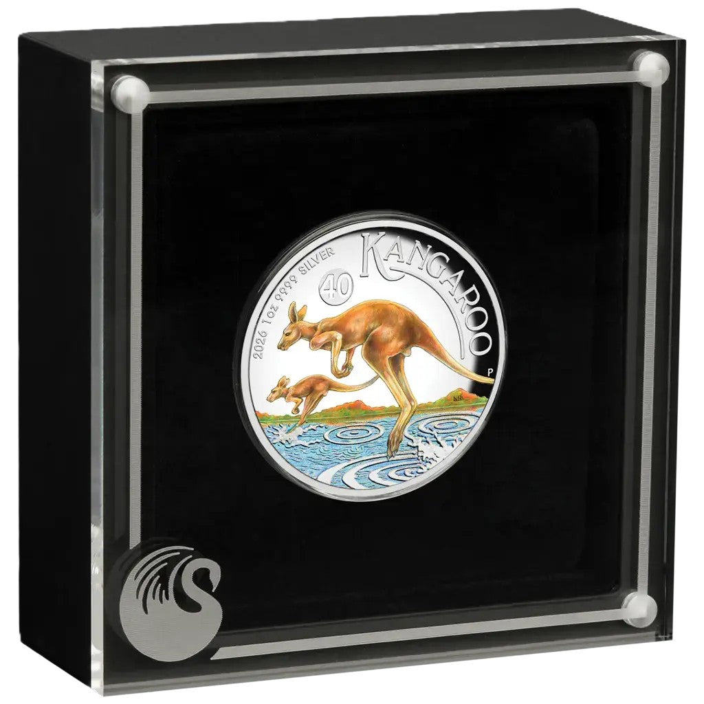 Australien Känguru 2026 - High Relief PP Farbe - 40 Jahre Jubiläum - Perth Mint - 1 oz Silbermünze