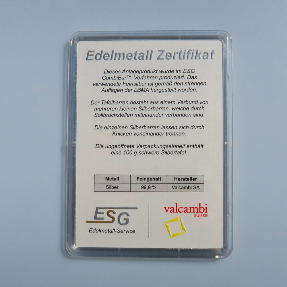 Silbertafel Valcambi "CombiBar" 10 x 10 Gramm Silberbarren Tafelbarren