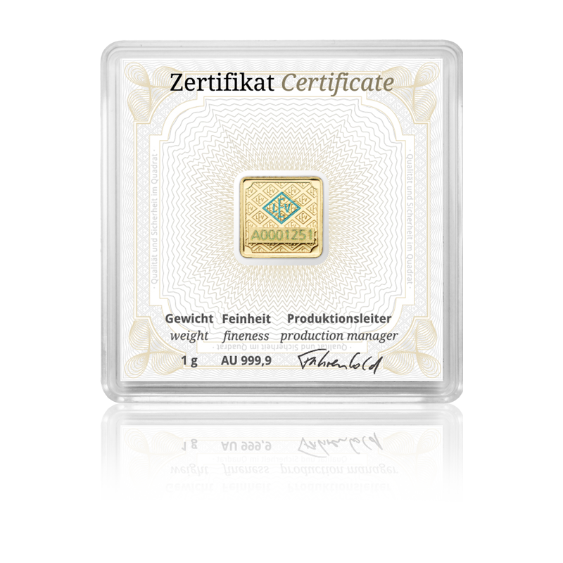 Goldbarren 1 Gramm Geiger Schloss Güldengossa 999.9 Gold quadratisch mit Zertifikat in Kapsel**