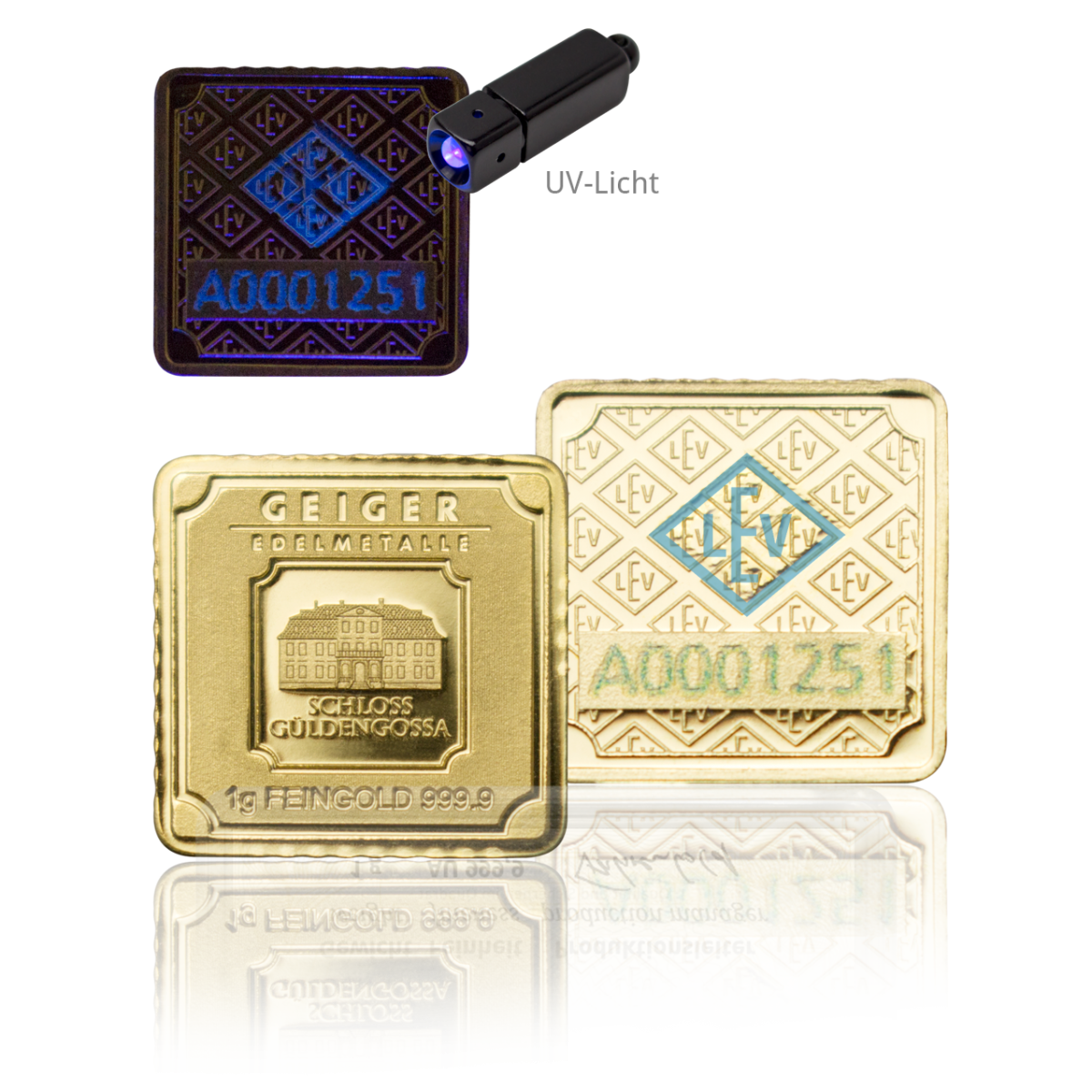 Goldbarren 1 Gramm Geiger Schloss Güldengossa 999.9 Gold quadratisch mit Zertifikat in Kapsel**