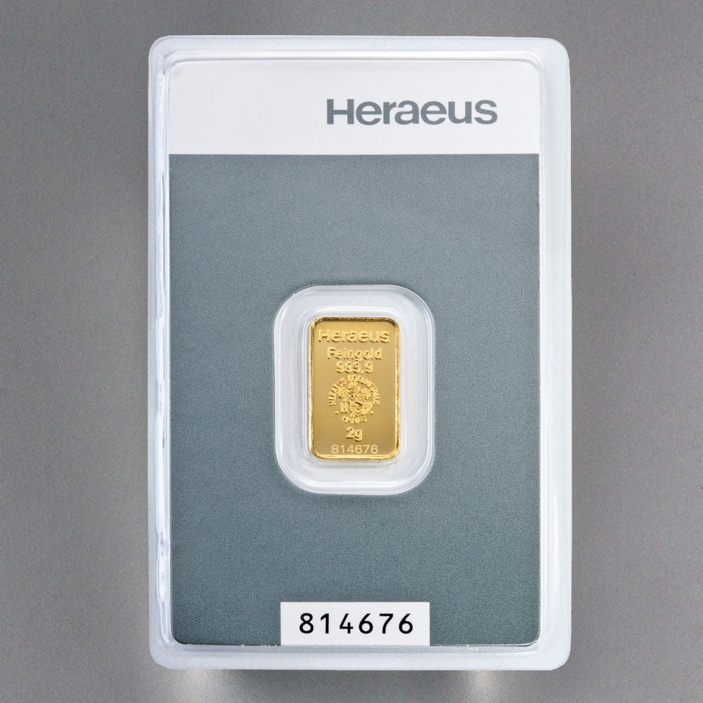Goldbarren Kinebar 2 Gramm Heraeus 999 Feingold im Blister mit Zertifkat**
