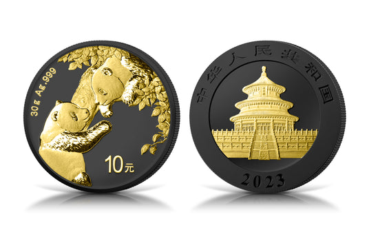 China Panda 2023 - 30 Gramm Silbermünze - Black Platinum - Gilded