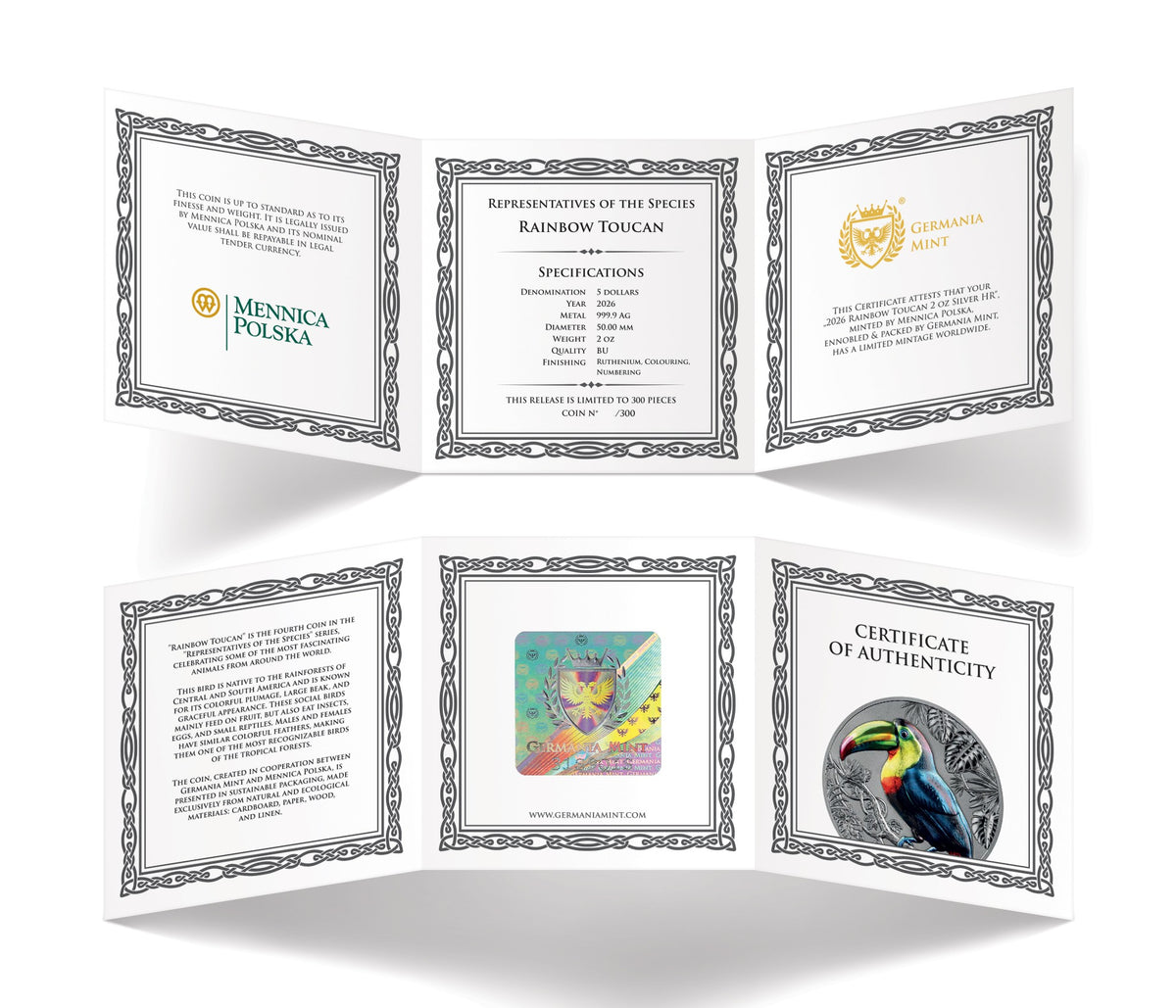 Representatives of the Specie - #4. Rainbow Toucan - Germania Mint  - 2 oz Silbermünze Ruthenium High Relief