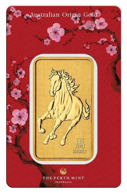 Lunar Jahr des Pferdes 2026 Perth Mint 1 oz Rectangular Goldbarren**