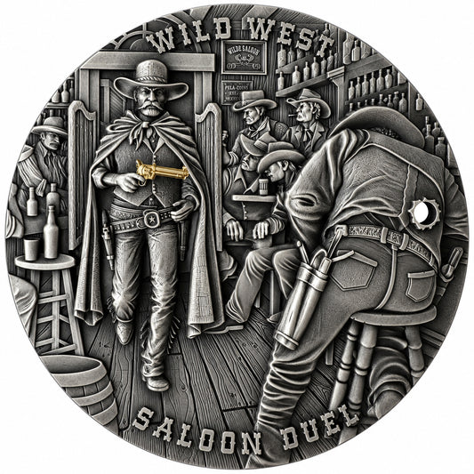 Cameroon - Wild West - Saloon Duel 2026 - 2 oz Silbermünze High Relief - Antik Finish - Teilvergoldet