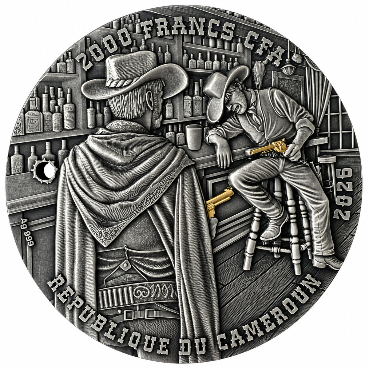 Cameroon - Wild West - Saloon Duel 2026 - 2 oz Silbermünze High Relief - Antik Finish - Teilvergoldet