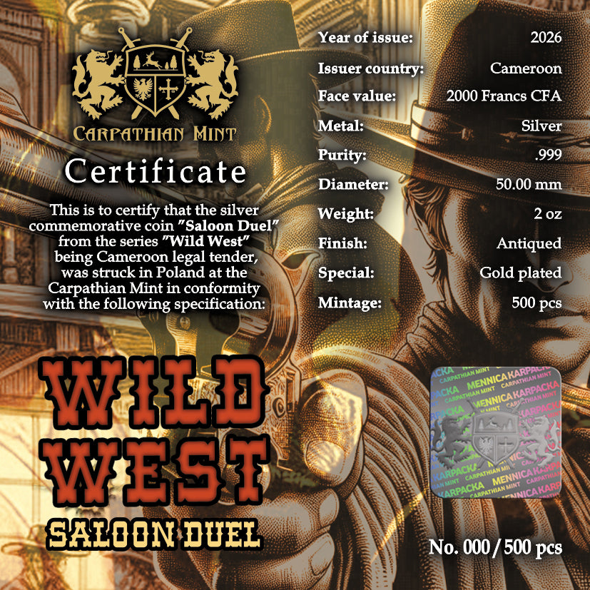 Cameroon - Wild West - Saloon Duel 2026 - 2 oz Silbermünze High Relief - Antik Finish - Teilvergoldet