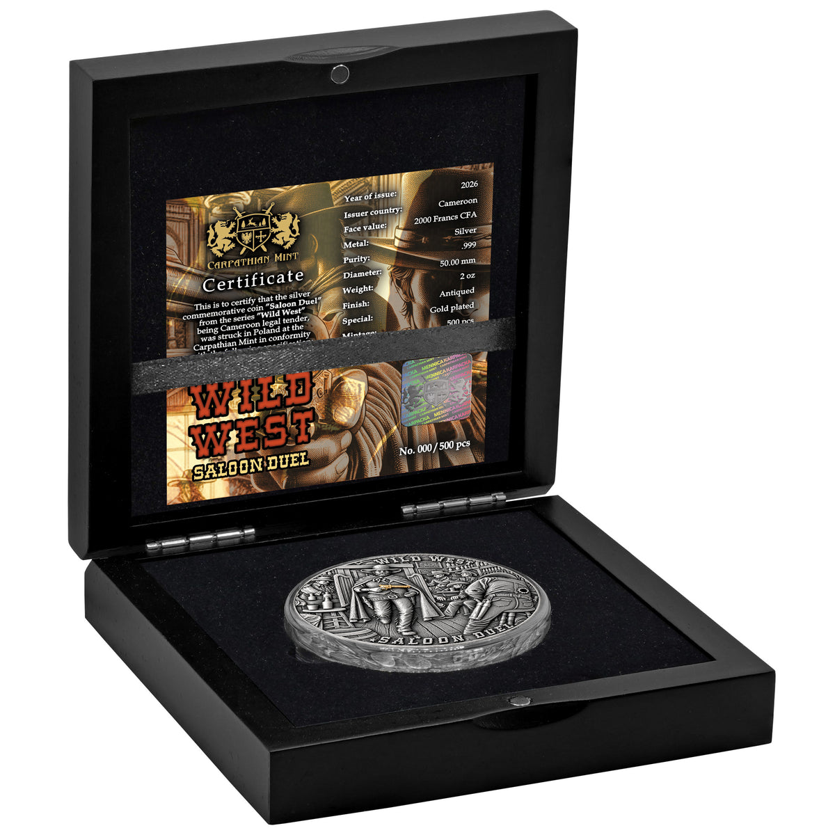 Cameroon - Wild West - Saloon Duel 2026 - 2 oz Silbermünze High Relief - Antik Finish - Teilvergoldet