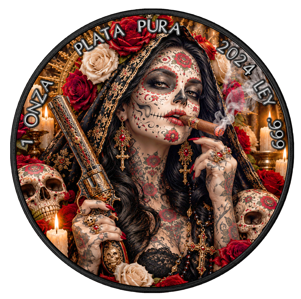 Santa Muerte IV - Mexico Libertad 2024 - 1 oz Silbermünze Ruthenium - Farbe