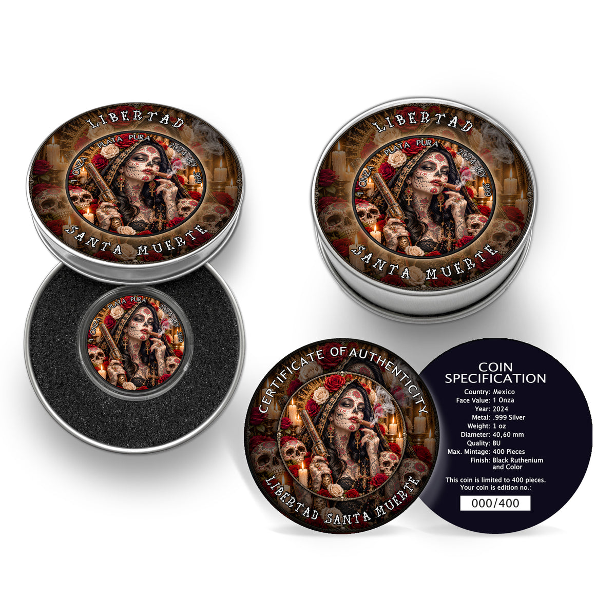 Santa Muerte IV - Mexico Libertad 2024 - 1 oz Silbermünze Ruthenium - Farbe